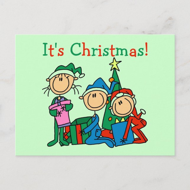 Strichmännchen Kinder Weihnachtsgeschenke und Gesc Feiertagspostkarte (Vorderseite)