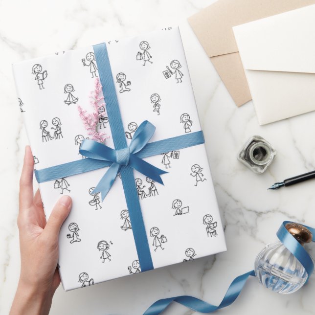 Strichmännchen-Mädchen Alltag – Schwarz auf Weiß  Geschenkpapier (Schenken)