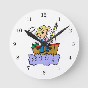 Strichmännchen Mädchen Fischen Runde Wanduhr
