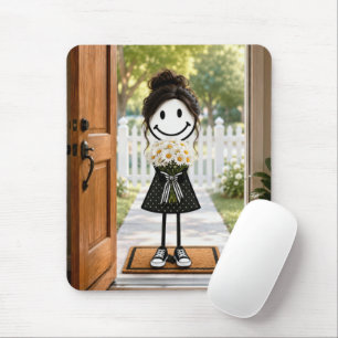 Strichmännchen-Mädchen hält einen Strauß Gänseblüm Mousepad