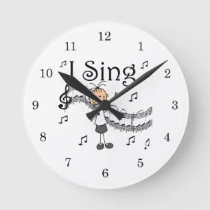 Strichmännchen-Mädchen Ich singe T-Shirts und Gesc Runde Wanduhr