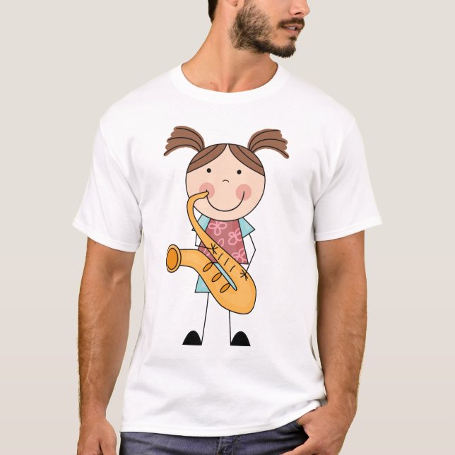 Strichmännchen-Mädchen mit Saxophone T-Shirt (Vorderseite)