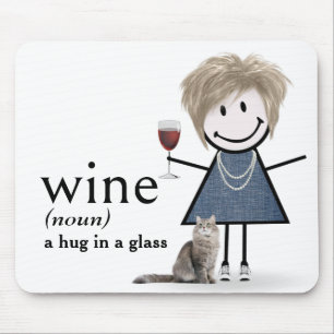 Strichmännchen-Mädchen mit Wein und Katze Mousepad