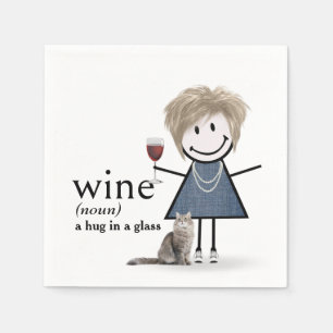 Strichmännchen Mädchen mit Wein und Katze Serviette
