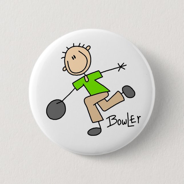 Strichmännchen-Mann-Bowler-T-Shirts und Geschenke Button (Vorderseite)