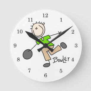 Strichmännchen-Männlicher-Bowler-T-Shirts und Gesc Runde Wanduhr