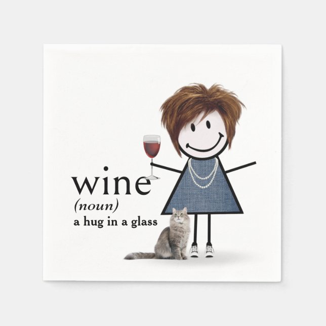 Strichmännchen mit Wein und Katze Serviette (Vorderseite)
