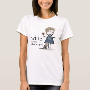 Strichmännchen mit Wein und Katze T-Shirt