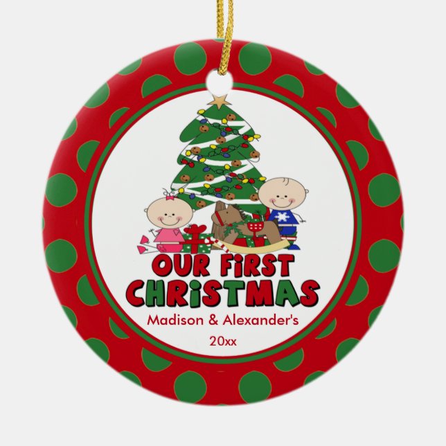 Strichmännchen paart erste Verzierung des Babys Keramikornament (Vorne)