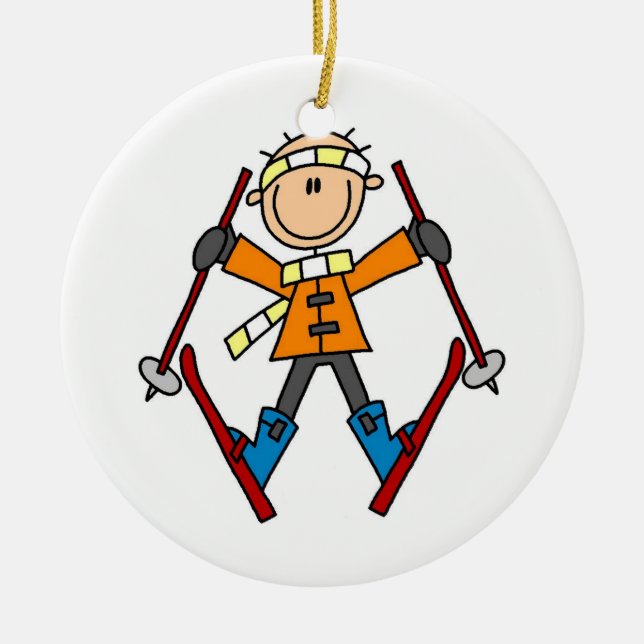Strichmännchen Skier T - Shirt und Geschenke Keramikornament (Vorne)
