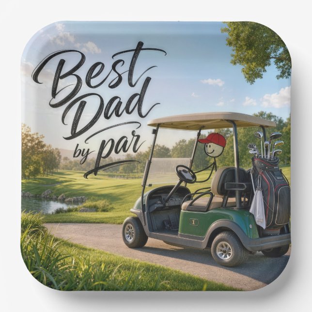 Strichmännchen-Vater Golfer in einem Golfwagen Pappteller (Vorderseite)