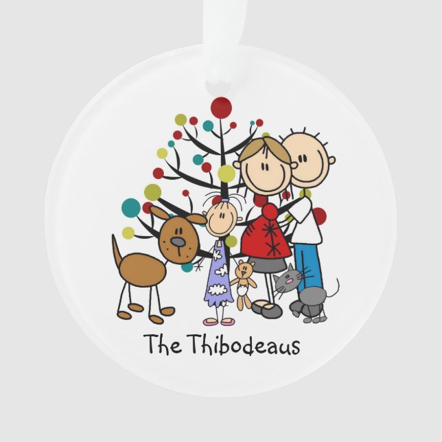 Strichmännchen Vater, Mama, Mädchen, Haustiere Akr Ornament (Vorderseite)