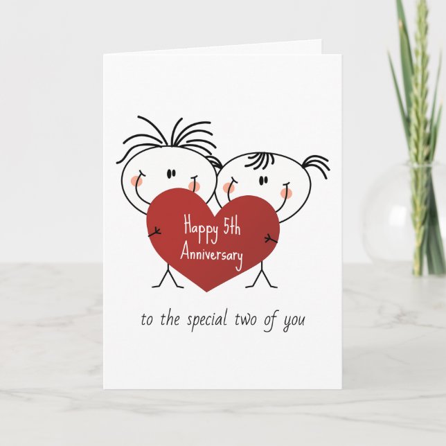 Strichmännchen zum 5. Jahrestag mit Herz Karte (Vorderseite)