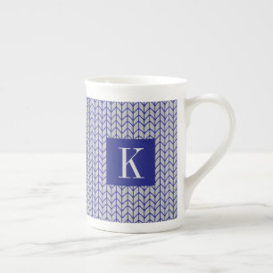 STRICK BLAU, GRAU, Knochen, China Tasse + Anfangs