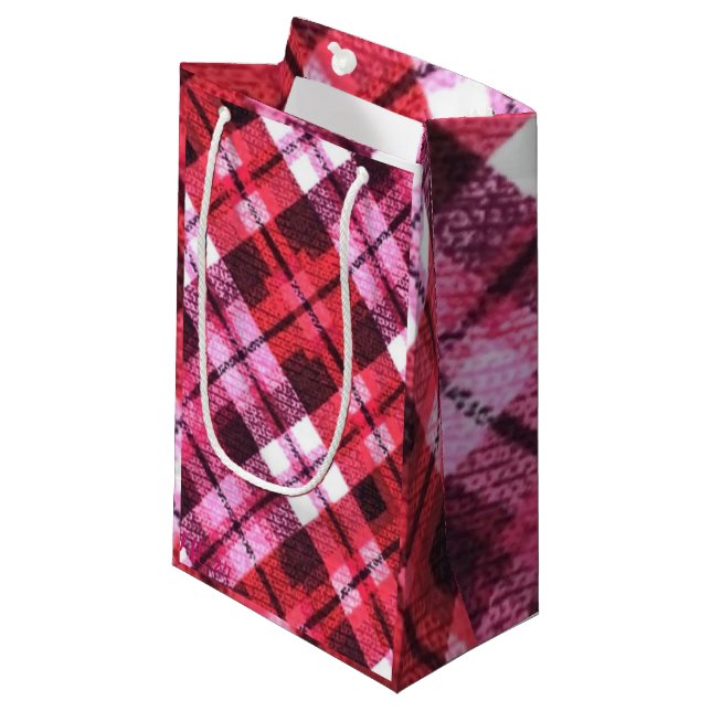 Strick Kariert Tartan Karo Rosa Weißes Weinmuster Kleine Geschenktüte (Vorderseite Schrägansicht)