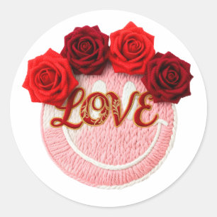 Strick-Smiley-Gesicht Rote Rose Liebe Valentinstag Runder Aufkleber