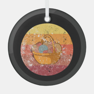 Strickende Strickkorb Mit Wolle Ornament Aus Glas