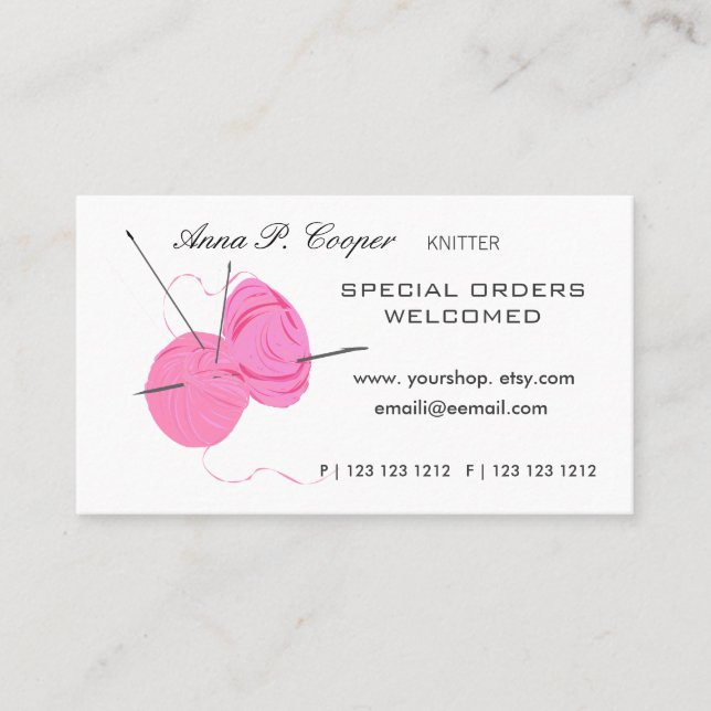 Stricker-rosa niedliche Garn-Bälle u. Nadeln Visitenkarte (Vorderseite)
