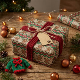Strickmuster für Weihnachtsmann aus Lebkuchen Geschenkpapier