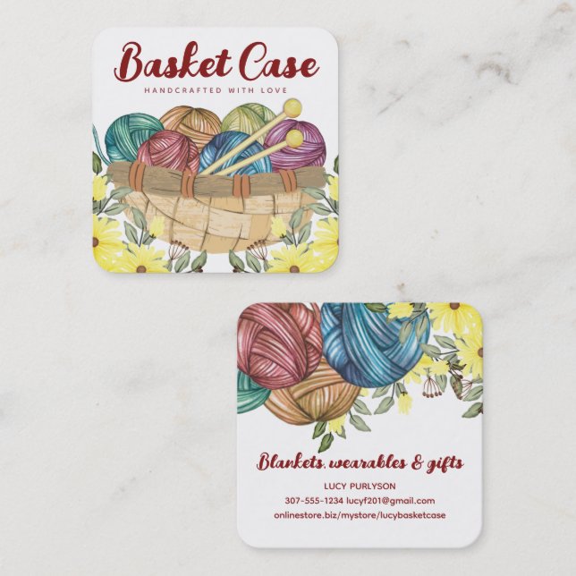 Stricknadeln aus Strickgarn quadratisch Quadratische Visitenkarte (Vorne/Hinten)