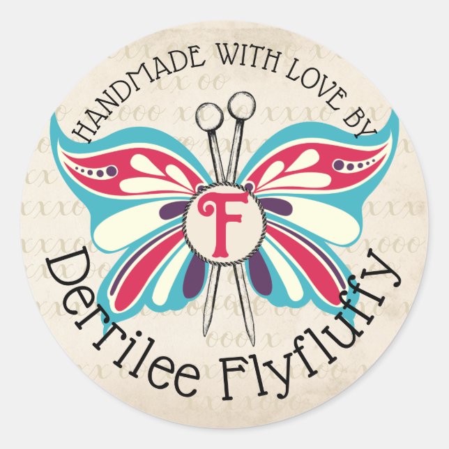 Stricknadeln für Schmetterlinge, handgefertigt von Runder Aufkleber (Vorderseite)