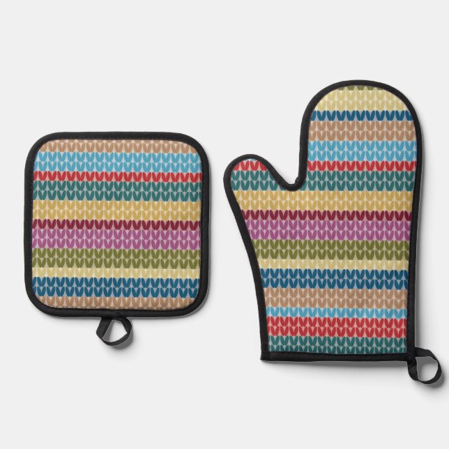 Strickstichstreifen Ofenhandschuh & Topflappen-Set (Vorderseite)