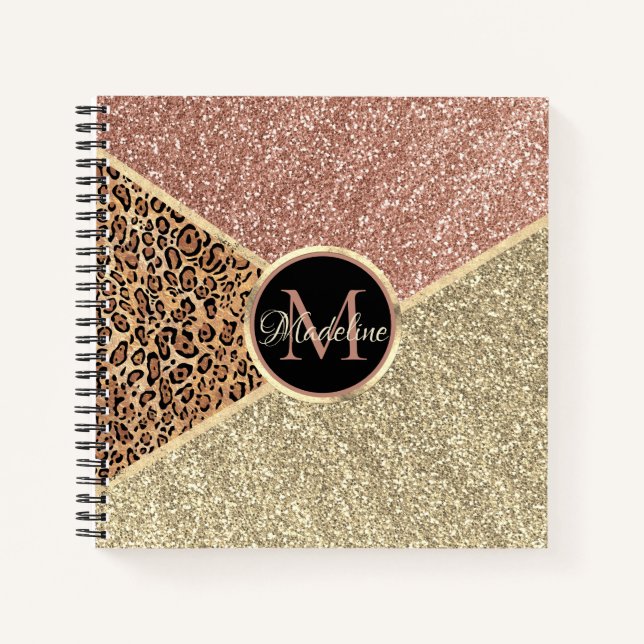 Strickte Rose Gold Glitzer Leopard Monogramm Notizbuch (Vorderseite)
