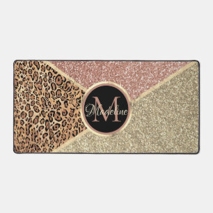 Strickte Rose Gold Glitzer Leopard Monogramm Schreibtischunterlage
