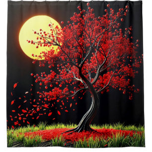 Strikender roter Baum im Mondlicht Duschvorhang