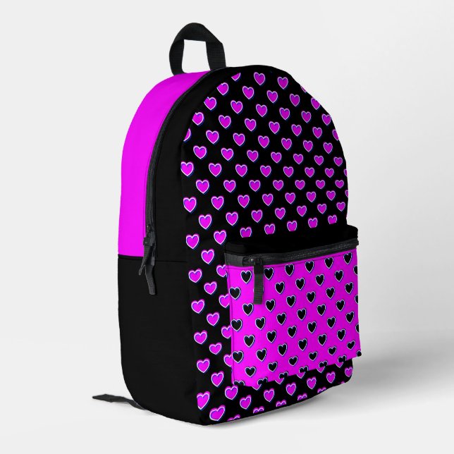 Striking Black Pink Herzen  Bedruckter Rucksack (Rückseitige Ecke links)