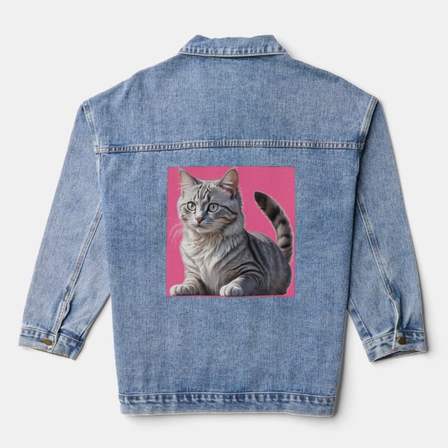 Striking Gray Tabby Cat with Green Eyes Jeansjacke (Rückseite)
