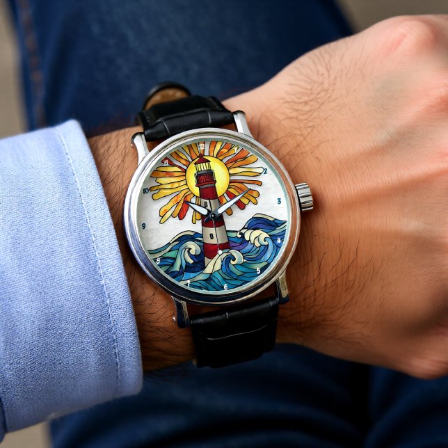 Striking Lighthouse Sun Ocean Waves Armbanduhr (Von Creator hochgeladen)