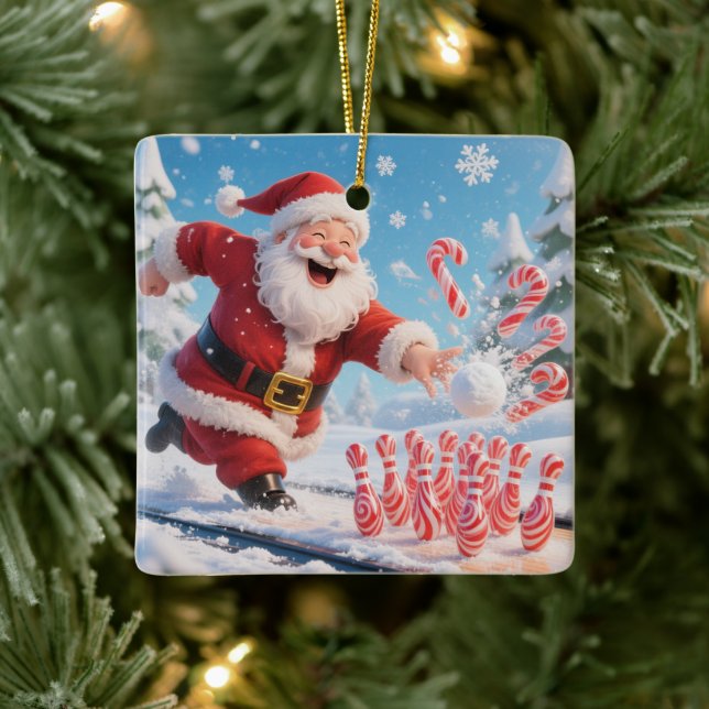 Striking Santa Bowling Candy Cane Lane Personalize Keramikornament (Baum)