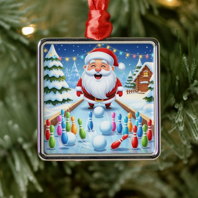 Striking Santa Bowling Candy Cane Lane Personalize Ornament Aus Metall (Baum)