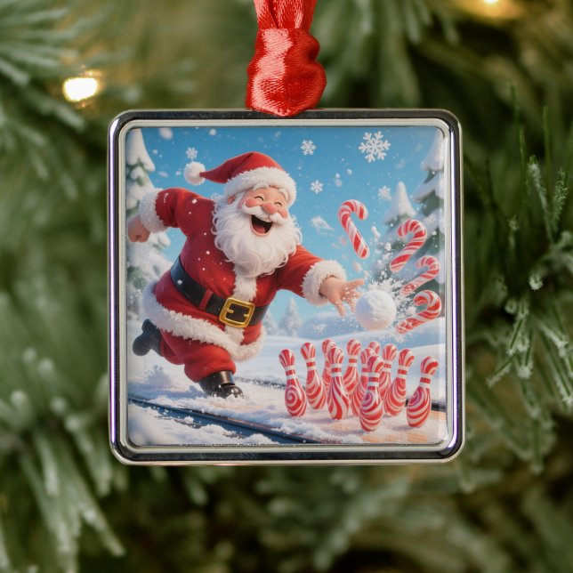 Striking Santa Bowling Candy Cane Lane Personalize Ornament Aus Metall (Baum)