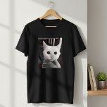 Striking White Cat with Big Eyes Men's Black T-Shirt<br><div class="desc">Make a bold statement with this "Striking White Cat with Big Eyes" men's black t-shirt! This captivating design features an adorable white cat with mesmerizing, large dark eyes, being gently petted. It's a truly unique and artistic feline portrait that's sure to turn heads and spark conversations. Perfect for cat dads,...</div>
