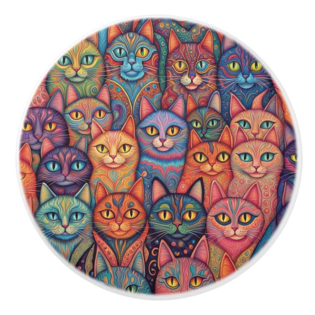 Strikte und farbenfrohe psychedelische Katzen Keramikknauf (Vorderseite)
