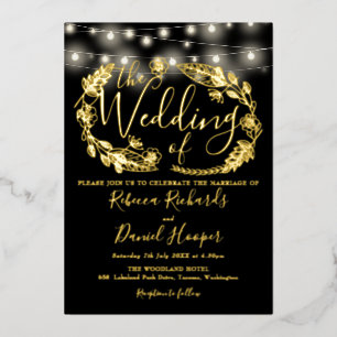 String-Lichter-Skript Hochzeit Schwarz und Gold Folieneinladung