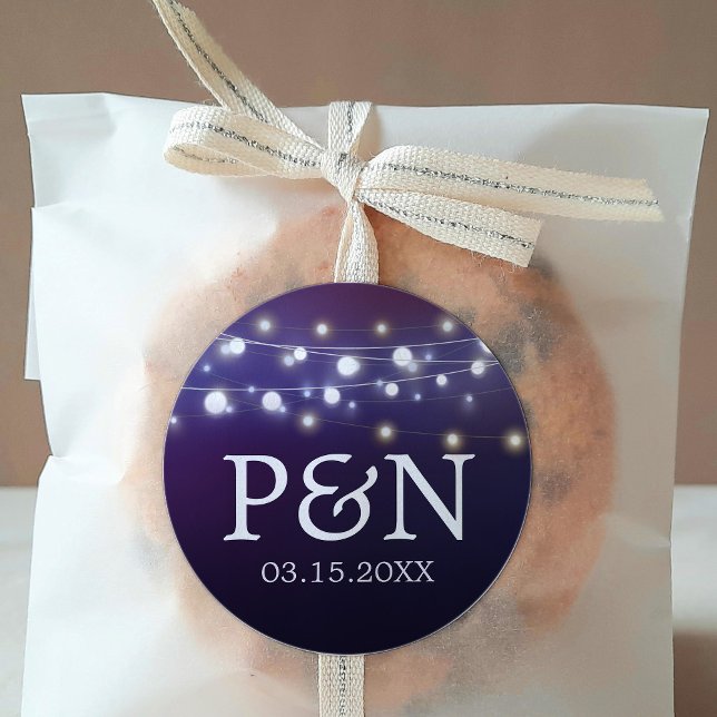 String Light Abend Wedding Monogramme Runder Aufkleber (Von Creator hochgeladen)