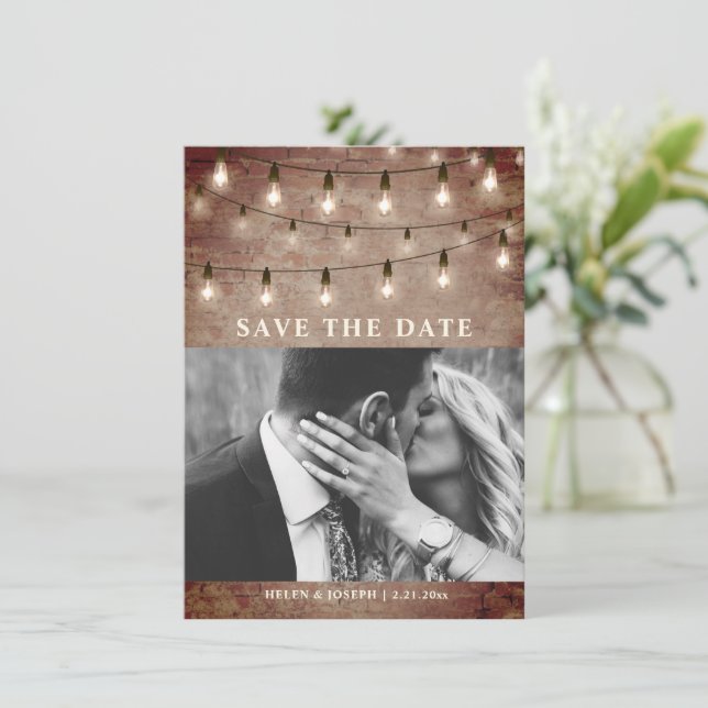 String Light Industrial Rustic Brick Wedding Save The Date (Stehend Vorderseite)