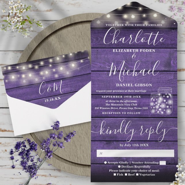 String Light Mason Jars Rustic Lila Wood Wedding All In One Einladung (String Light Mason Jars Rustic Purple Wood Wedding All In One Invitation)