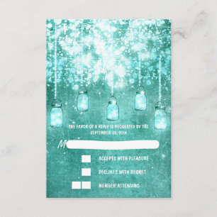 String lights aquamarine Mason Glas Hochzeit RSVP Karte