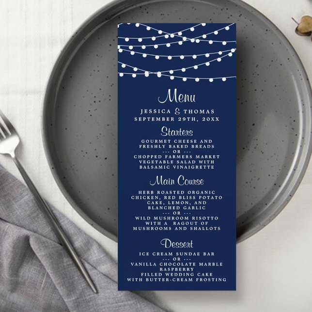 String Lights auf Navy Blue Wedding Menu Werbekarte (Von Creator hochgeladen)