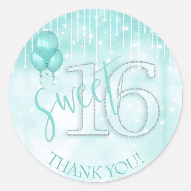 String Lights & Balloons Sweet 16 Aquamarin ID473 Runder Aufkleber (Vorderseite)
