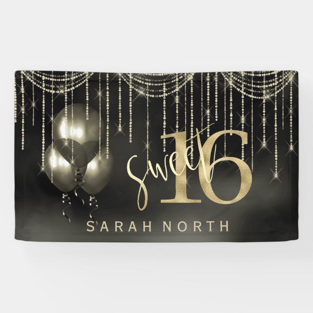 String Lights & Balloons Sweet 16 Black/Gold ID473 Banner (Horizontal)