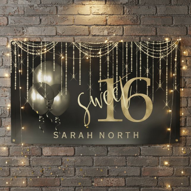 String Lights & Balloons Sweet 16 Black/Gold ID473 Banner (Von Creator hochgeladen)