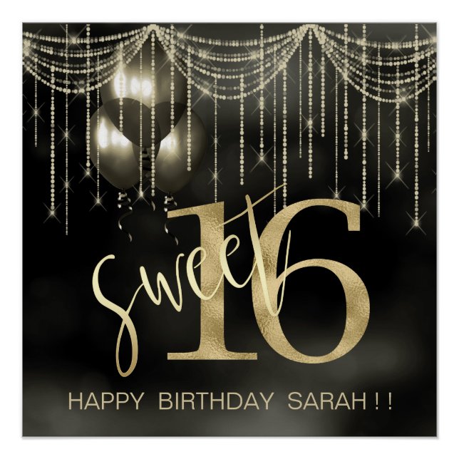 String Lights & Balloons Sweet 16 Black/Gold ID473 Poster (Vorderseite)
