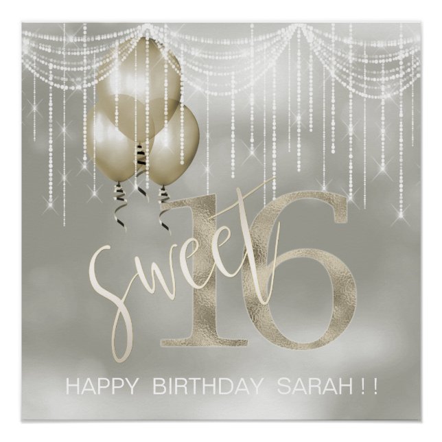 String Lights & Balloons Sweet 16 Champagne ID473 Poster (Vorderseite)