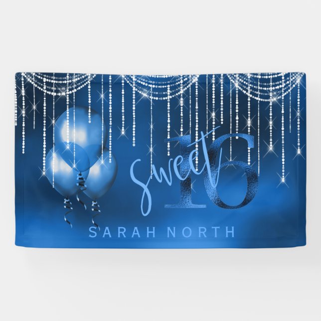 String Lights & Balloons Sweet 16 Dk Blue ID473 Banner (Horizontal)