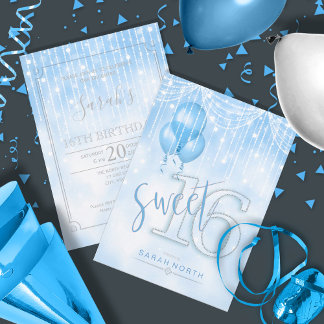String Lights & Balloons Sweet 16 Lt. Blue ID473 Einladung